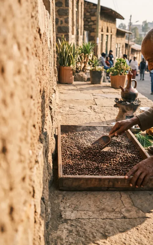 Freshly roasted coffee beans cooling in a tray