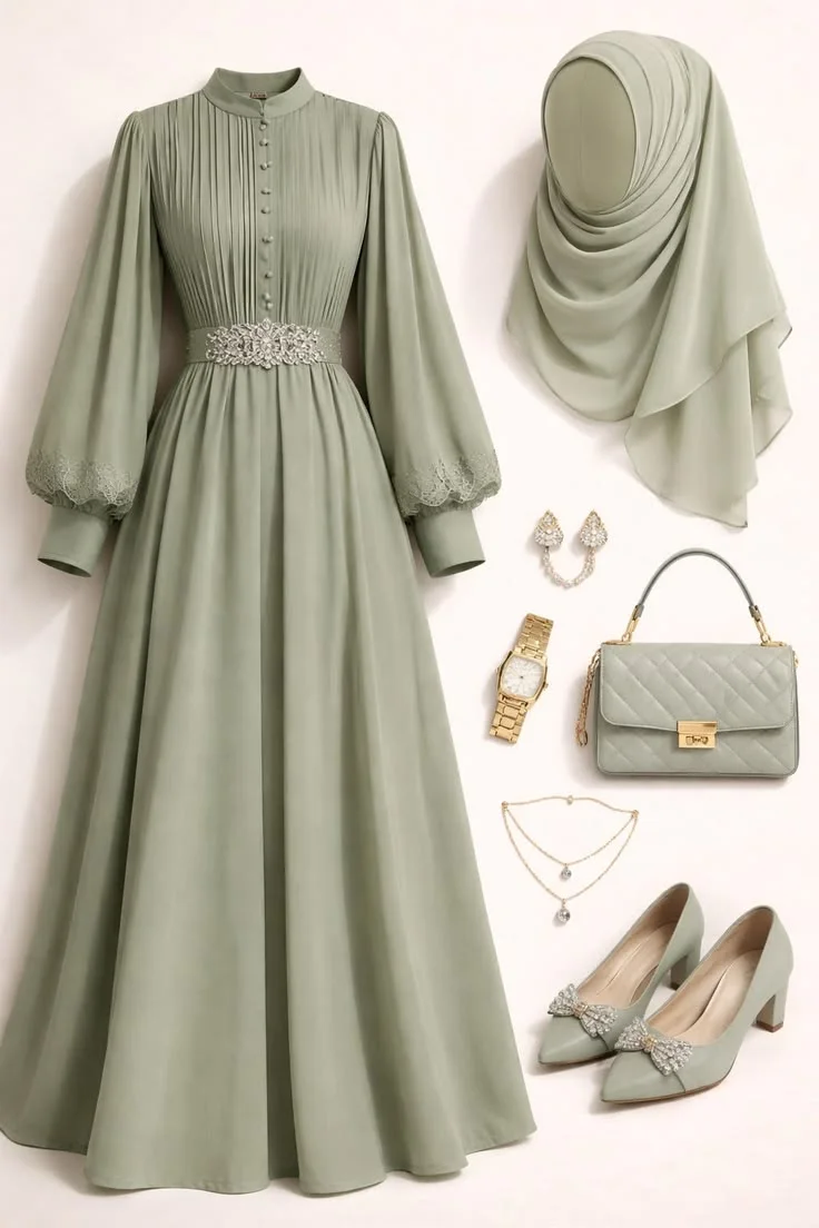Gamis Elegan Pleated Sage dengan Belt Kristal