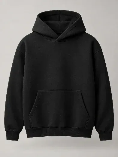 A black fleece hoodie with a structured hood