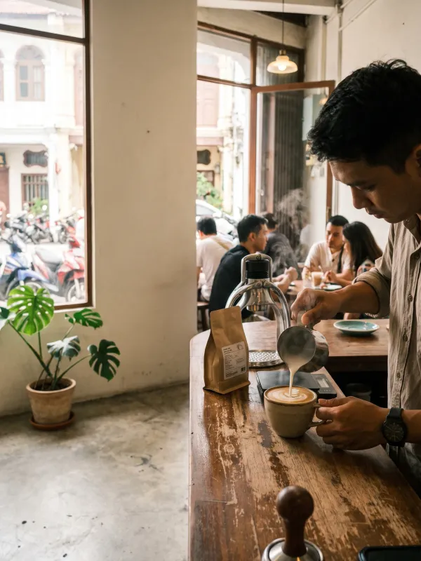 A barista pouring latte art into a ceramic cup