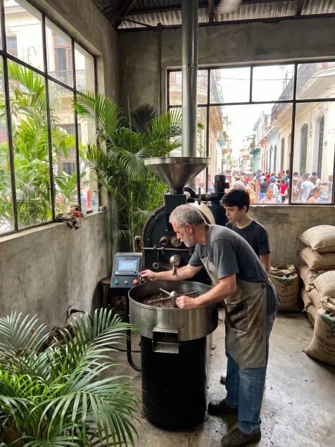 Our master roaster checking the bean temperature on the vintage Probat machine