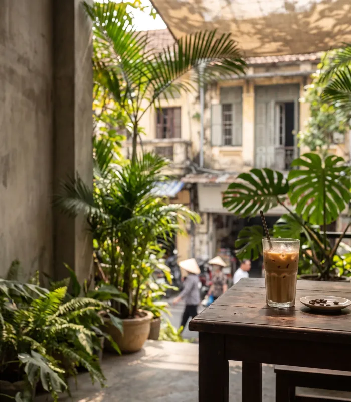 An iced latte with a metal straw on a wooden café table