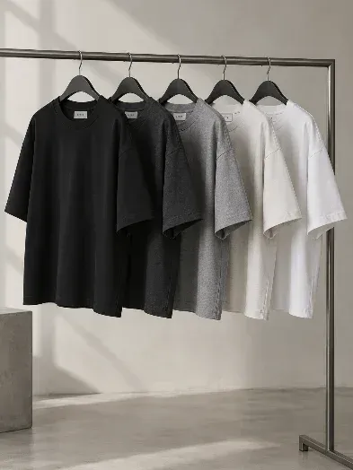 Monochrome boxy tees hanging on a rail
