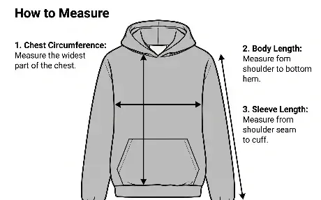 Diagram blueprint garmen hoodie HXXXY DAE dengan titik ukur dada, bahu, panjang, dan lengan