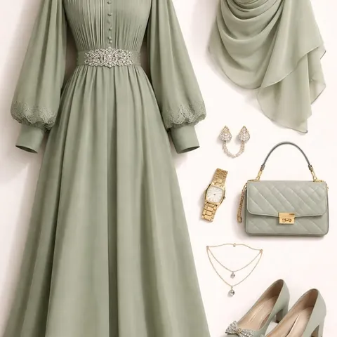 Gamis Elegan Pleated Sage dengan Belt Kristal