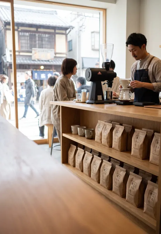Bags of whole bean specialty coffee neatly lined up on a shelf