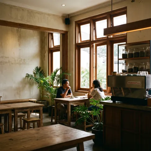 A warm atmosphere inside Alwi coffee shop in Bandung, featuring an espresso machine and rows of premium coffee bean jars